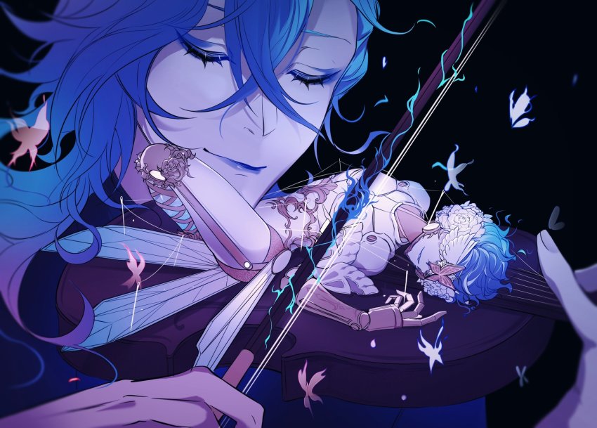 2boys, ankle_lace-up, black_background, blue_fire, blue_hair, blue_lips, blue_theme, bug, butterfly, cibeibugushanx, closed_mouth, covered_eyes, eye_mask, eyeshadow, facing_to_the_side, fire, flower, grin, hair_between_eyes, hands_up, headphones, highres, idia_shroud, insect, insect_wings, instrument, joints, long_hair, lying, makeup, male_focus, mask, mechabare, multiple_boys, music, on_back, ortho_shroud, ortho_shroud_(fairy_gear), playing_instrument, portrait, robot_joints, rose, short_hair, simple_background, smile, twisted_wonderland, violin, wavy_hair, wings