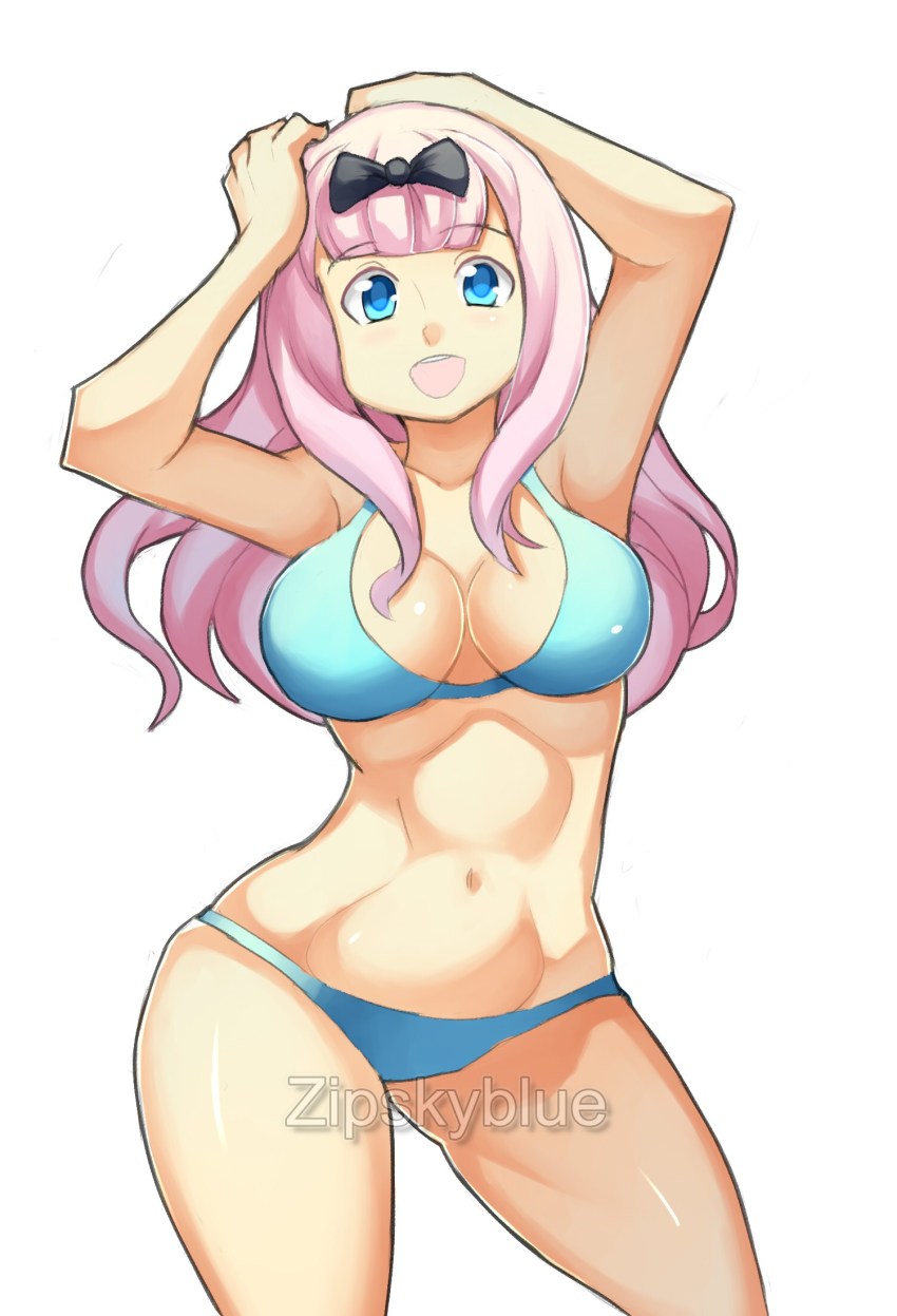 1girl, bikini, black_bow, blue_eyes, bow, breasts, cleavage, fujiwara_chika