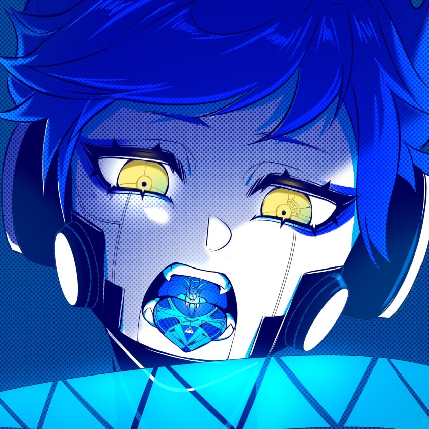 1boy, blue_background, blue_hair, blue_theme, blue_tongue, bone, cibeibugushanx, colored_tongue, eyeliner, headphones, highres, looking_at_viewer, makeup, male_focus, mechabare, open_mouth, ortho_shroud, pale_skin, portrait, short_hair, solo, symbol_in_eye, tongue, tongue_out, twisted_wonderland, wavy_hair, yellow_eyes