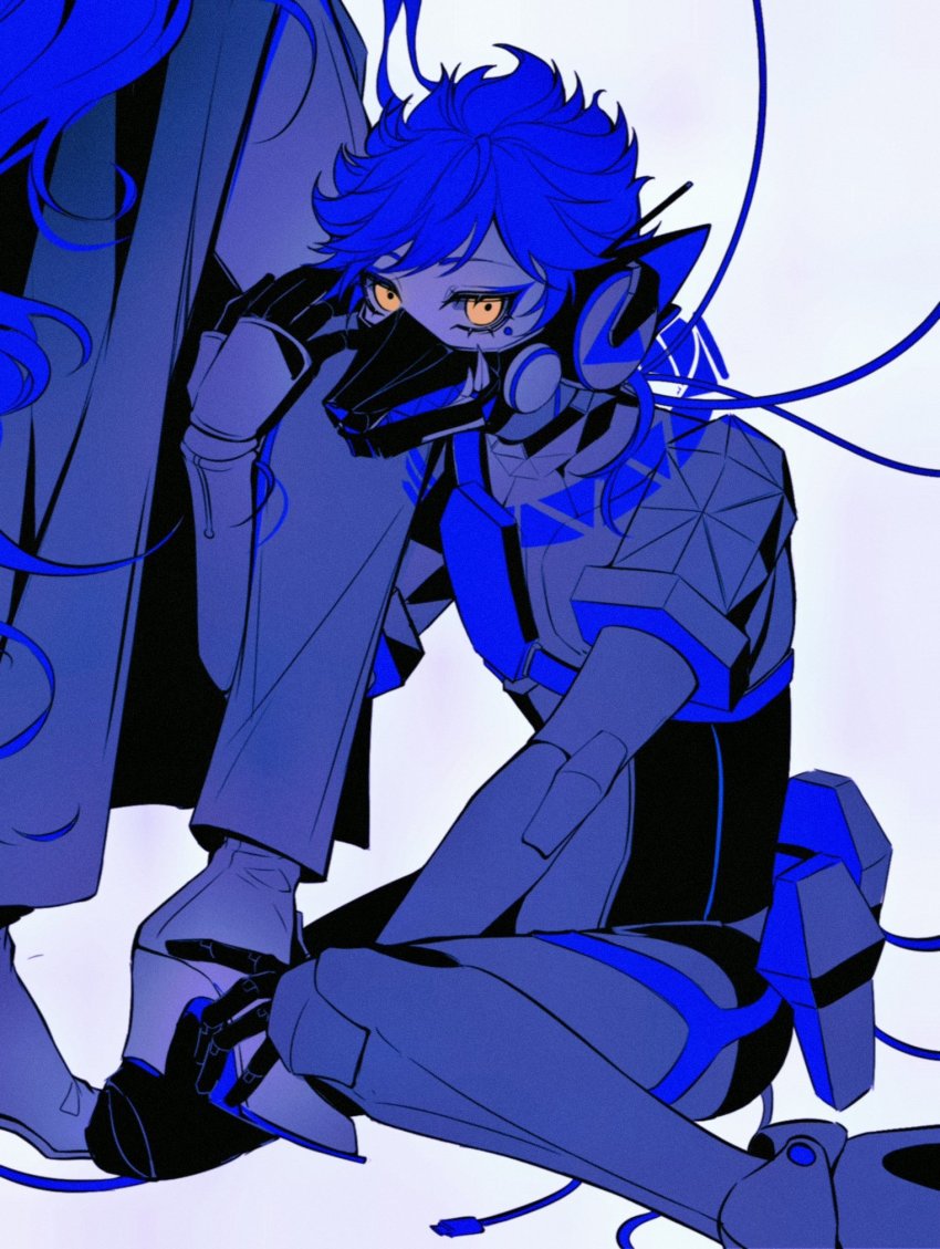 2boys, animal_ears, blue_hair, blue_theme, cable, cibeibugushanx, covered_mouth, dog_ears, dog_mask, eyeliner, fangs, fangs_out, feet_out_of_frame, glowing, glowing_eyes, hand_up, headphones, high_heels, highres, hugging_another's_leg, idia_shroud, joints, long_hair, long_sleeves, makeup, male_focus, mask, mechabare, mole, mole_under_eye, multiple_boys, ortho_shroud, out_of_frame, pants, robot_joints, short_hair, simple_background, sitting, solo_focus, spot_color, standing, twisted_wonderland, very_long_hair, wariza, wavy_hair, white_background, yellow_eyes