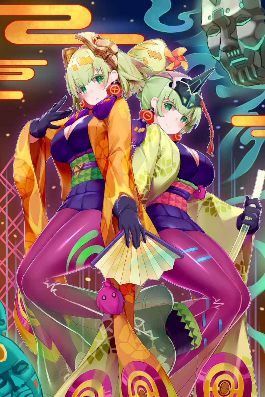 2girls, absurdres, breasts, cleavage, duel_monster, ear_piercing, expressionless, fake_horns