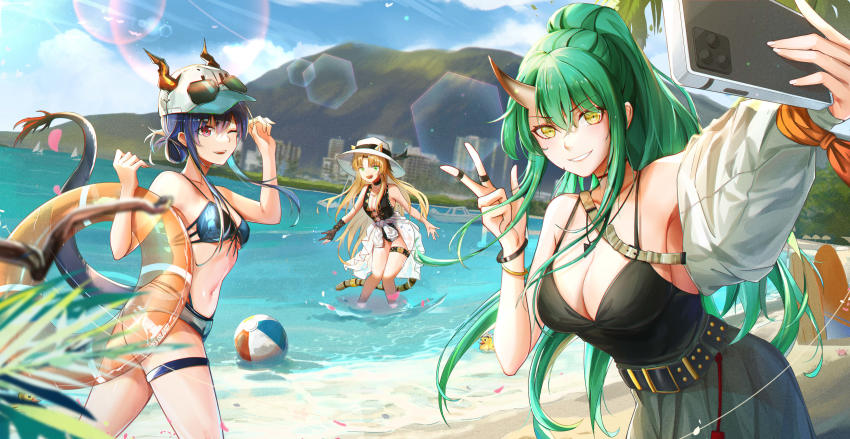 3girls, absurdres, animal_ear_fluff, animal_ears, arknights, bai_shiro@, ball, beach
