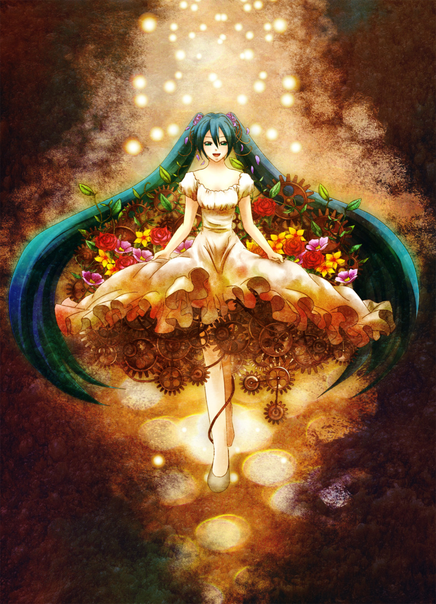 aqua_eyes, aqua_hair, bad_id, bad_pixiv_id, dress, flower, gears, hatsune_miku