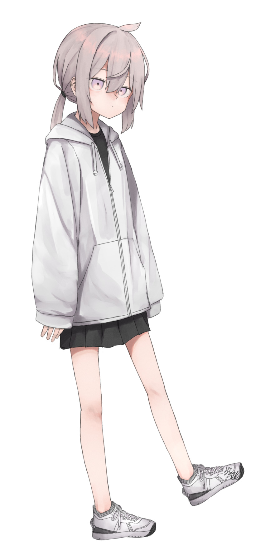 1girl, absurdres, alternate_costume, black_skirt, closed_mouth, cowlick, drawstring, flat_chest, full_body, girls'_frontline, grey_hair, hair_between_eyes, highres, hood, hood_down, hoodie, long_sleeves, low_ponytail, m200_(girls'_frontline), medium_hair, origumi, pleated_skirt, ponytail, purple_eyes, shoes, sidelocks, simple_background, skirt, solo, standing, white_background, white_hoodie, white_shoes, zipper
