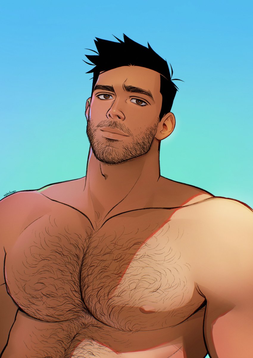 1boy, absurdres, bad_id, bad_twitter_id, bara, black_hair, brown_eyes, chest_hair