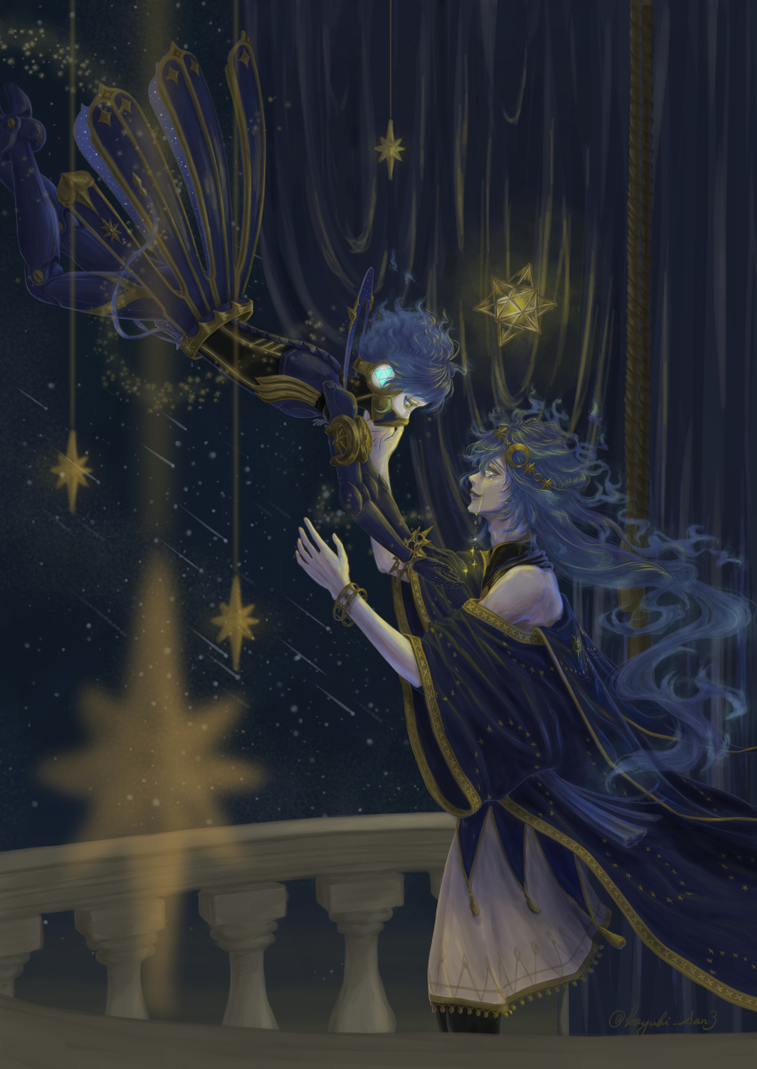 2boys, absurdres, alternate_body_fluid, arms_up, balcony, bare_shoulders, black_legwear, blue_hair, blue_robe, blurry, bracelet, colored_tears, commentary, covered_mouth, crescent, crescent_hair_ornament, crown, crying, crying_with_eyes_open, curtains, depth_of_field, english_commentary, eye_contact, eyelashes, floating, floating_hair, fringe_trim, glowing, glowing_tears, hair_ornament, headphones, highres, idia_shroud, idia_shroud_(starsending_robes), jewelry, joints, koyubi_san3, long_hair, long_sleeves, looking_at_another, male_focus, mask, mechabare, meteor_shower, mixed-language_commentary, multiple_boys, night, ortho_shroud, ortho_shroud_(stargazer_gear), outstretched_arms, pantyhose, profile, railing, reaching, respirator, robe, robot_joints, shooting_star, short_hair, sky, standing, star_(sky), star_(symbol), star_tears, starry_sky, tassel, tears, twisted_wonderland, twitter_username, very_long_hair, wavy_hair, wide_sleeves