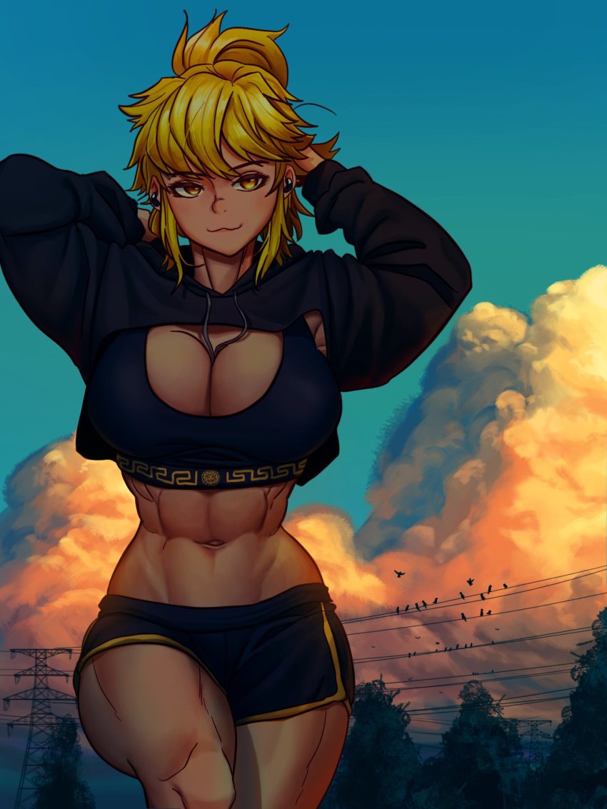 1girl, :3, abs, bird, blonde_hair, breasts, cleavage, cloud, earphones, highres, hood, hoodie, large_breasts, looking_at_viewer, muscular, muscular_female, original, power_lines, sky, solo, sparkeyjinjin, sports_bra, tree, twilight, yellow_eyes