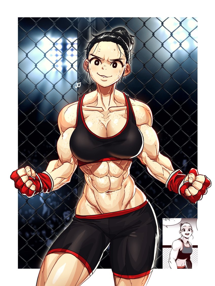 1girl, abs, breasts, fence, fighting_stance, fingerless_gloves, furrowed_brow, gloves, fight_class_3, hair_bun, highres, kwon_tae-young, large_breasts, looking_at_viewer, mma_gloves, muscular, muscular_female, solo, sparkeyjinjin, sports_bra, sportswear, stadium_lights, sweat