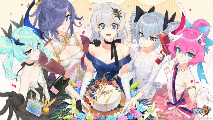 5girls, :d, ahoge, armlet, bag, bare_shoulders, birthday_cake, black_bow