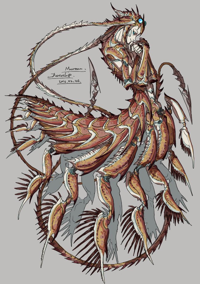 1boy, 2016, antennae, arthropod_boy, artist_name, blue_eyes, carapace, colored_skin, completely_nude, crossed_arms, deerchip_jung, extra_eyes, extra_legs, fingernails, full_body, grey_background, looking_at_viewer, male_focus, monster_boy, nude, orange_skin, original, red_skin, sharp_fingernails, smile, solo, spines, taur, white_skin