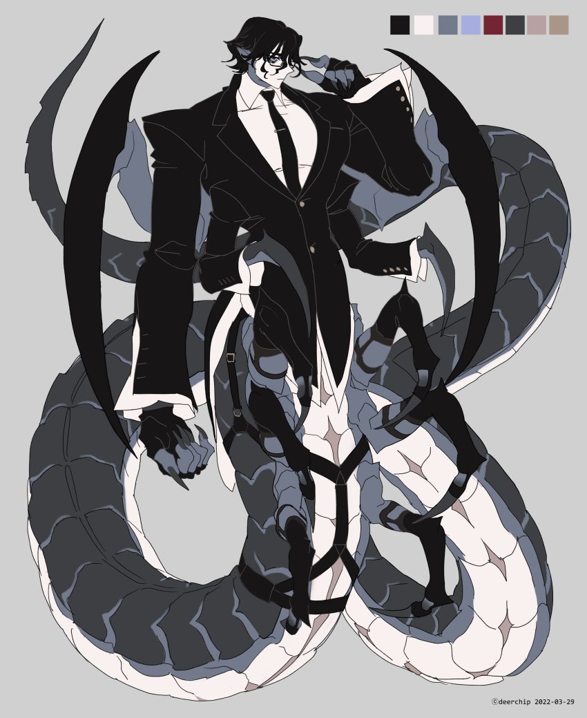 1boy, absurdres, adjusting_eyewear, arthropod_boy, arthropod_limbs, bags_under_eyes, black_hair, black_nails