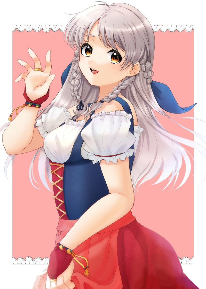 1girl, :d, adapted_costume, alternate_costume, alternate_hairstyle, braid, dirndl, dress, fire_emblem, fire_emblem:_radiant_dawn, gau_fe, german_clothes, gloves, grey_hair, hair_ribbon, highres, long_hair, looking_at_viewer, micaiah_(fire_emblem), nintendo, open_mouth, red_gloves, ribbon, short_sleeves, simple_background, smile, solo, tagme, twin_braids, yellow_eyes