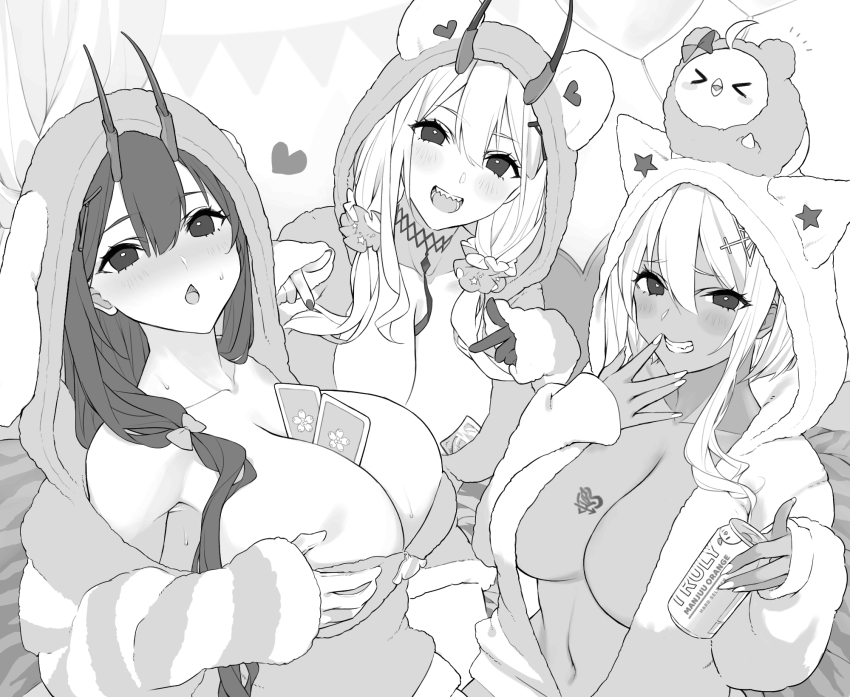 >_<, 3girls, :d, :o, alternate_costume, animal_hood, azur_lane, bear_hood