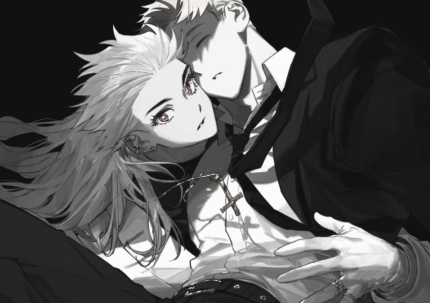 1boy, 1girl, belt, carrying, closed_eyes, collared_shirt, cross, cross_earrings