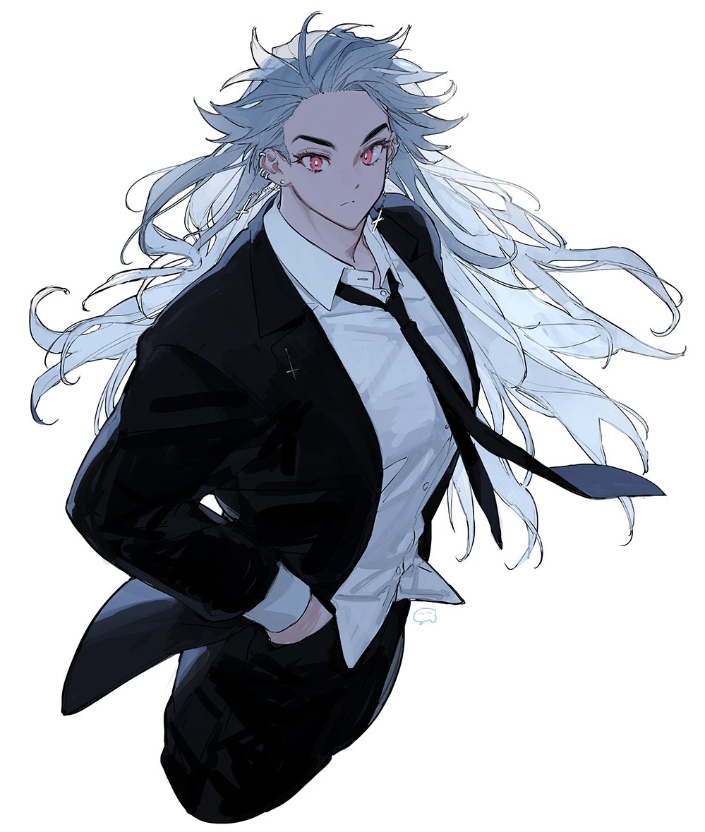 1girl, black_jacket, black_necktie, black_pants, breasts, collared_shirt, cropped_legs, cross