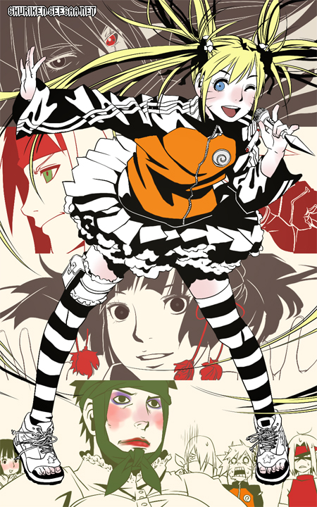 2boys, 3girls, @_(shuriken_fighter), age_difference, artist_name, bag, black_eyes, black_hair, black_jacket, blonde_hair, blue_eyes, blush, breasts, closed_mouth, eyeshadow, facial_mark, facing_another, facing_viewer, floating_hair, full_body, genderswap, genderswap_(ftm), genderswap_(mtf), green_eyes, hair_ornament, hair_over_one_eye, hair_tie, half-closed_eyes, hands_up, happy, haruno_sakura, hatake_kakashi, headband, heterochromia, holding, holding_microphone, jacket, kunai, large_breasts, legs, lipstick, long_hair, long_sleeves, looking_at_another, looking_at_viewer, looking_to_the_side, makeup, medium_breasts, microphone, multicolored_jacket, multiple_boys, multiple_girls, music, naruko_(naruto), naruto_(classic), naruto_(series), naruto_shippuuden, one_eye_closed, one_eye_covered, open_mouth, orange_jacket, outstretched_arm, parted_lips, partial_monochrome, partially_colored, pouch, red_eyes, red_headband, ribbon, sai_(naruto), sandals, scar, scar_across_eye, scar_on_face, sharingan, short_hair, shuriken_(artist), singing, skirt, smile, standing, striped_clothes, striped_legwear, striped_thighhighs, surprised, sweat, sweatdrop, teacher_and_student, teeth, thigh_strap, thighhighs, trap, upper_body, uzumaki_naruto, weapon, whisker_markings, whiskers, wide-eyed, wink, yamato_(naruto), zipper