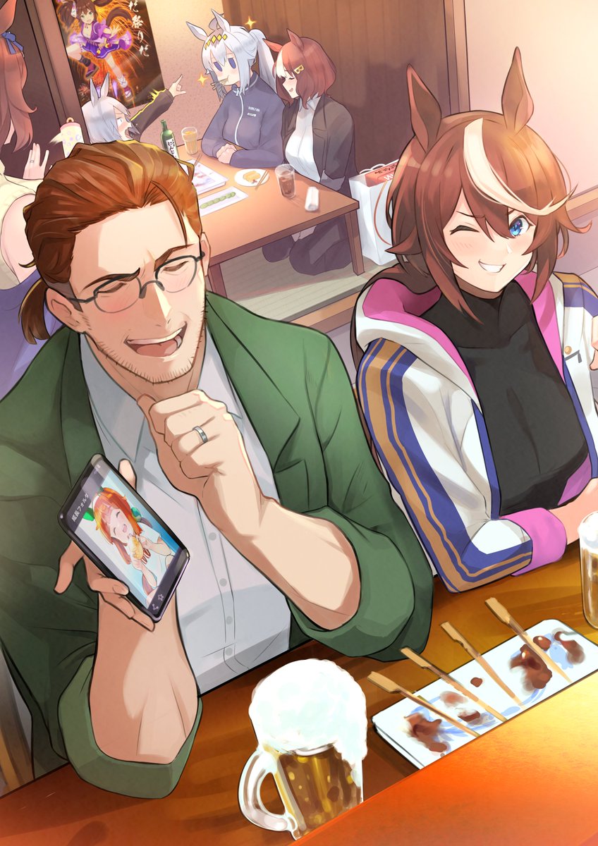aged_up, alcohol, animal_ears, bag, beer, belno_light_(umamusume), blue_eyes, brown_hair, cellphone, closed_eyes, commentary, cup, glass, glasses, hairband, highres, holding, holding_phone, horse_ears, horse_girl, if_they_mated, inari_one_(umamusume), izakaya, jacket, jewelry, jitome, light_brown_hair, mug, oguri_cap_(umamusume), phone, pointing, ponytail, rattle, ring, shopping_bag, short_ponytail, silence_suzuka_(umamusume), skewer, smartphone, super_creek_(umamusume), table, tamamo_cross_(umamusume), tankard, tatami, team_spica's_trainer, tokai_teio_(umamusume), track_jacket, trainer_(umamusume), umamusume, umamusume:_cinderella_gray, wedding_band, white_hair, yellow_hairband, yokoji_(kodai2015)