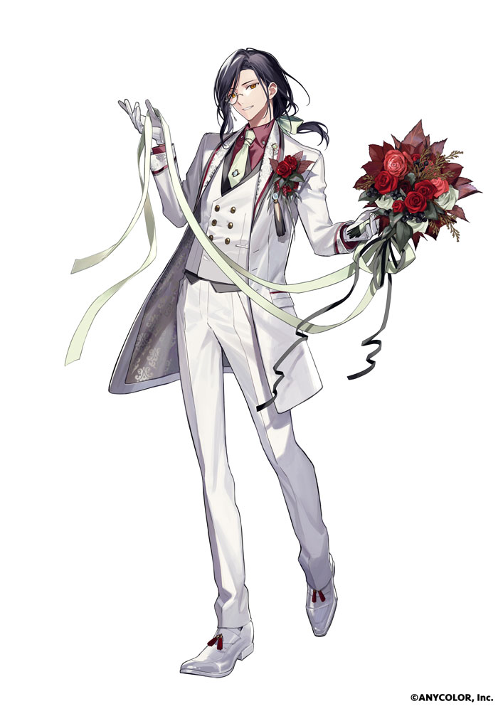 1boy, black_hair, bouquet, boutonniere, buttons, coat, collared_shirt, copyright_notice