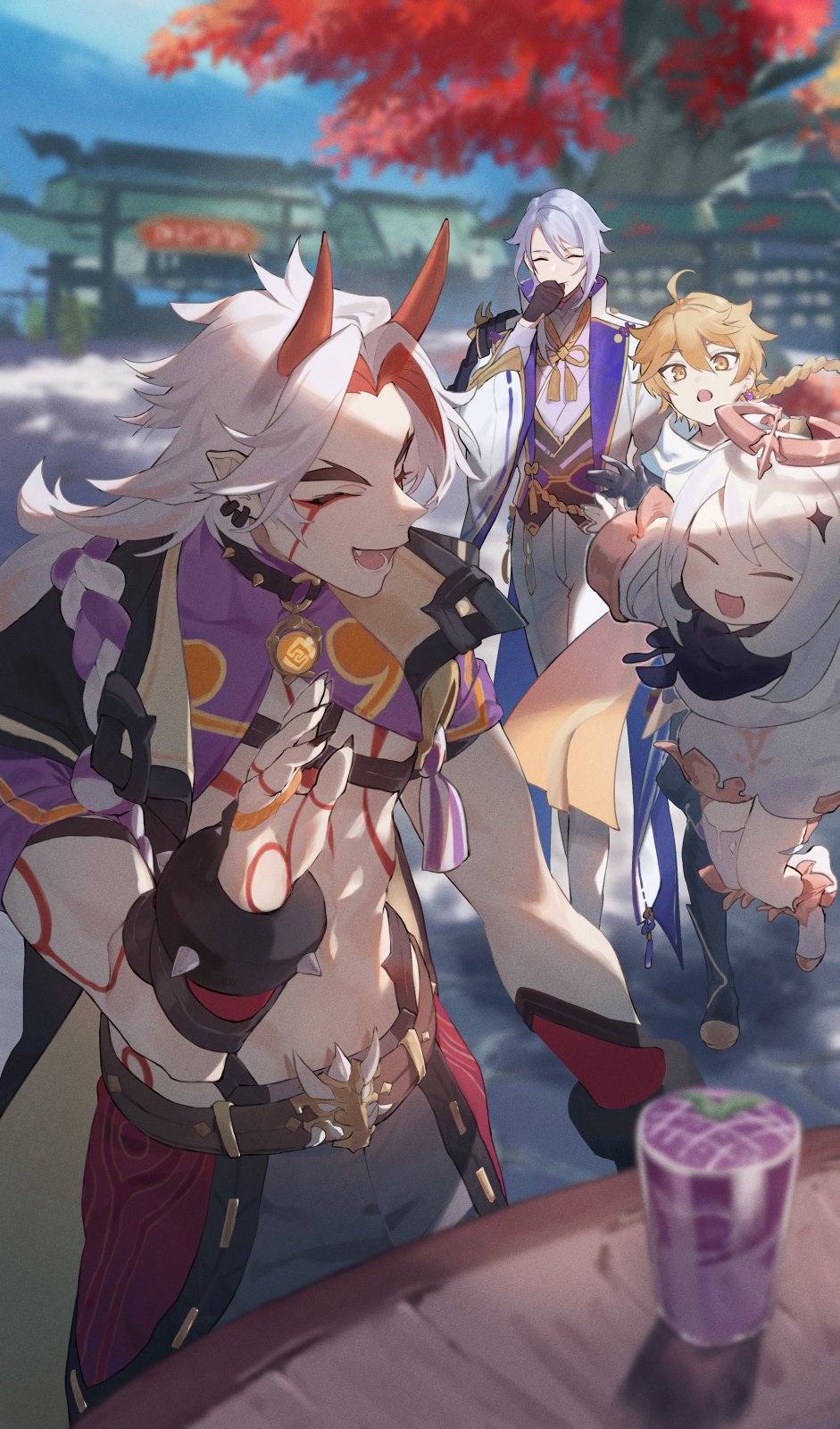 1girl, 3boys, aether_(genshin_impact), arataki_itto, black_gloves, blonde_hair, blurry, blurry_background