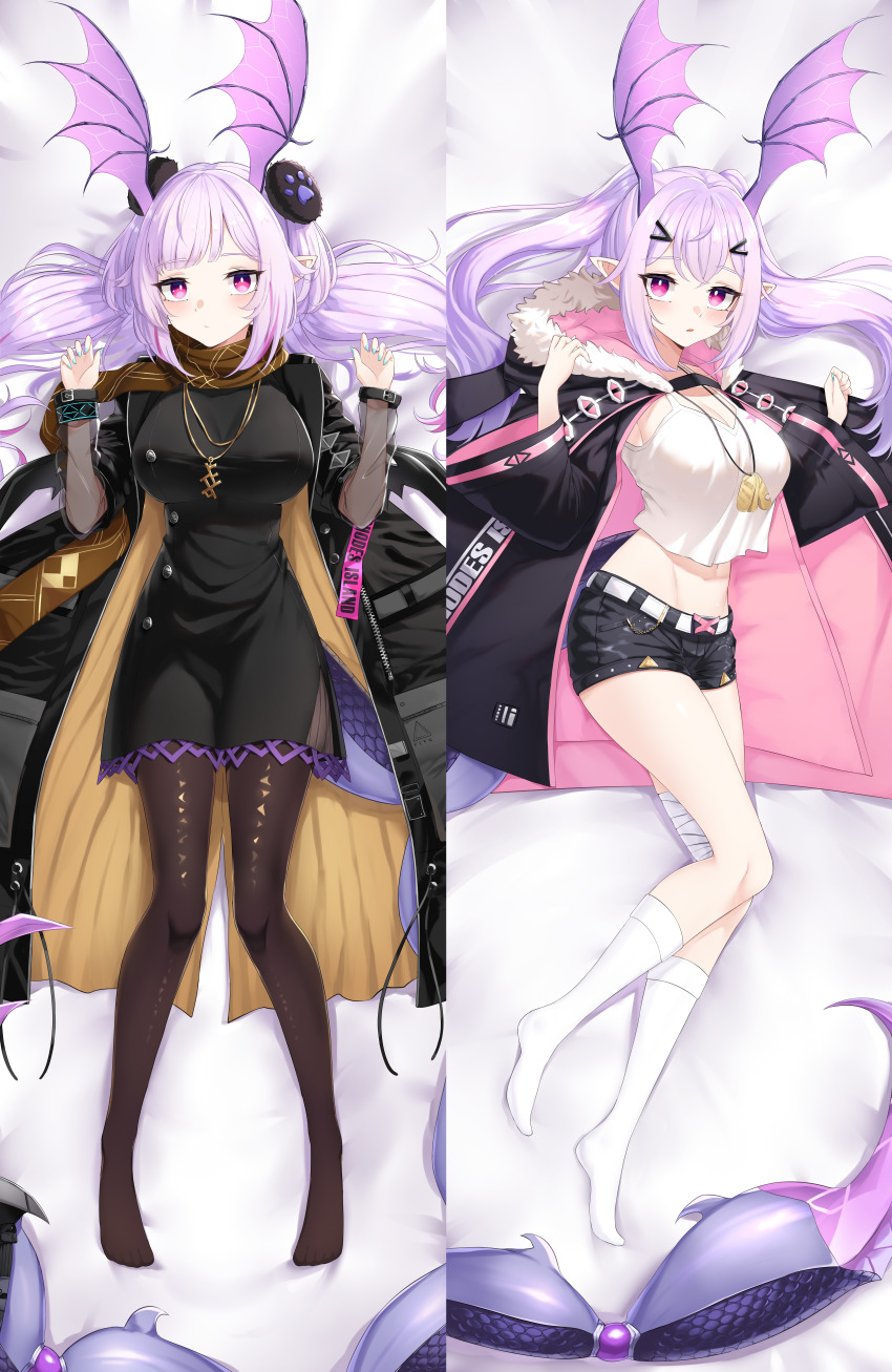 1girl, absurdres, alternate_breast_size, arknights, arthropod_girl, black_dress, black_jacket, black_pantyhose, black_shorts, blue_nails, blush, breasts, brown_scarf, cleavage, clothes_writing, dakimakura_(medium), dog_tags, dress, full_body, fur-trimmed_hood, fur_trim, hair_ornament, hairclip, hands_up, head_wings, highres, hood, hooded_jacket, infection_monitor_(arknights), jacket, jewelry, large_breasts, long_sleeves, looking_at_viewer, lying, manticore_(arknights), manticore_(invisible_dirge)_(arknights), midriff, multicolored_hair, multiple_views, nail_polish, navel, necklace, official_alternate_costume, on_back, on_bed, open_clothes, open_jacket, pantyhose, parted_lips, pink_eyes, pink_jacket, pointy_ears, purple_hair, scarf, scorpion_girl, scorpion_tail, short_shorts, shorts, simple_background, socks, streaked_hair, tail, tank_top, twintails, two-sided_fabric, two-sided_jacket, white_background, white_socks, white_tank_top, wide_sleeves, wings, xooku