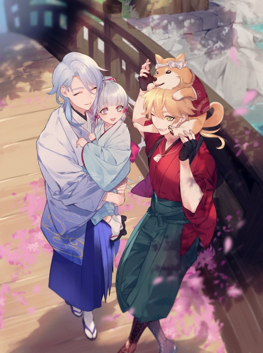 1girl, 2boys, aged_down, alternate_costume, animal, ayaka_(genshin_impact), black_gloves, blonde_hair