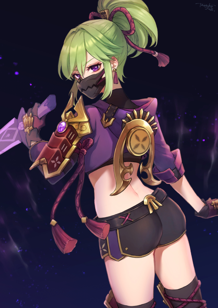 1girl, armor, ass, black_shorts, black_thighhighs, crop_top, cropped_hoodie, dagger