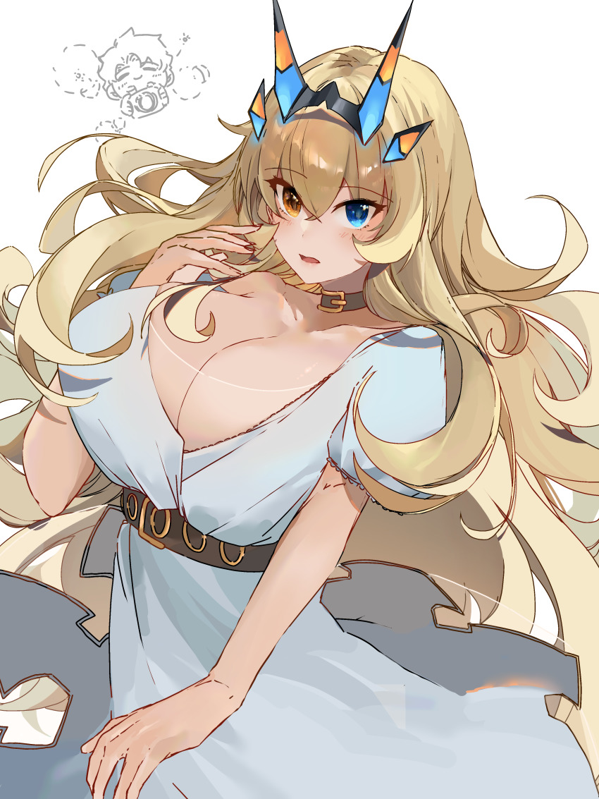 1boy, 1girl, absurdres, anmochi_mochi, barghest_(dream_portrait)_(fate), barghest_(fate), belt, blonde_hair, blush, breasts, chibi, cleavage, collar, collarbone, dress, fate/grand_order, fate_(series), fujimaru_ritsuka_(male), green_eyes, heterochromia, highres, horns, huge_breasts, long_hair, looking_at_viewer, open_mouth, red_eyes, short_sleeves, underbust, white_dress