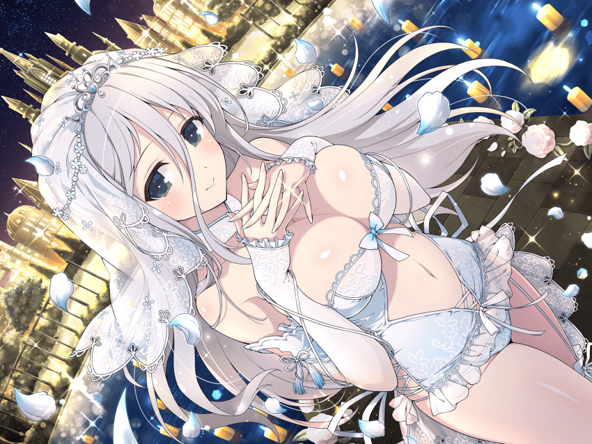 1girl, black_eyes, breasts, bridal_veil, cleavage, fingers_interlaced, gekkou_(senran_kagura), highres, jewelry, large_breasts, long_hair, looking_at_viewer, official_art, ring, senran_kagura, senran_kagura_new_link, silver_hair, sky, smile, solo, star_(sky), starry_sky, veil, bridal_lingerie, wedding_ring