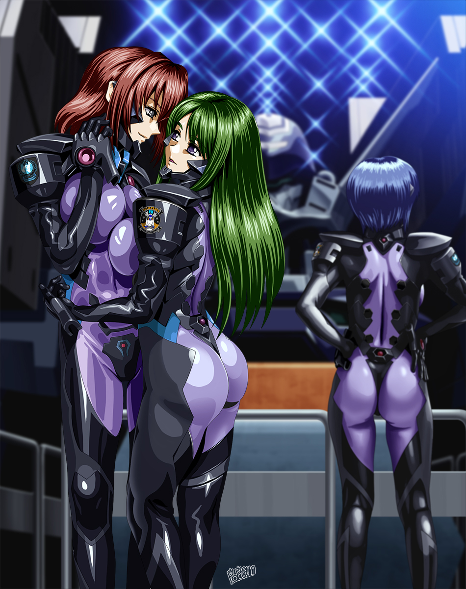 3girls, ass, asymmetrical_docking, blue_hair, breast_press, breasts, fortified_suit, green_hair, grey_eyes, hair_behind_ear, hands_on_own_hips, hangar, highres, kashiwagi_haruko, kazama_touko, large_breasts, long_hair, looking_up, mecha, mecha_pilot_suit, medium_breasts, multiple_girls, munakata_misae, muv-luv, muv-luv_alternative, open_mouth, pilot_suit, popgun_(22882502), red_hair, robot, short_hair, sparkle, tactical_surface_fighter, type_94_shiranui, yuri