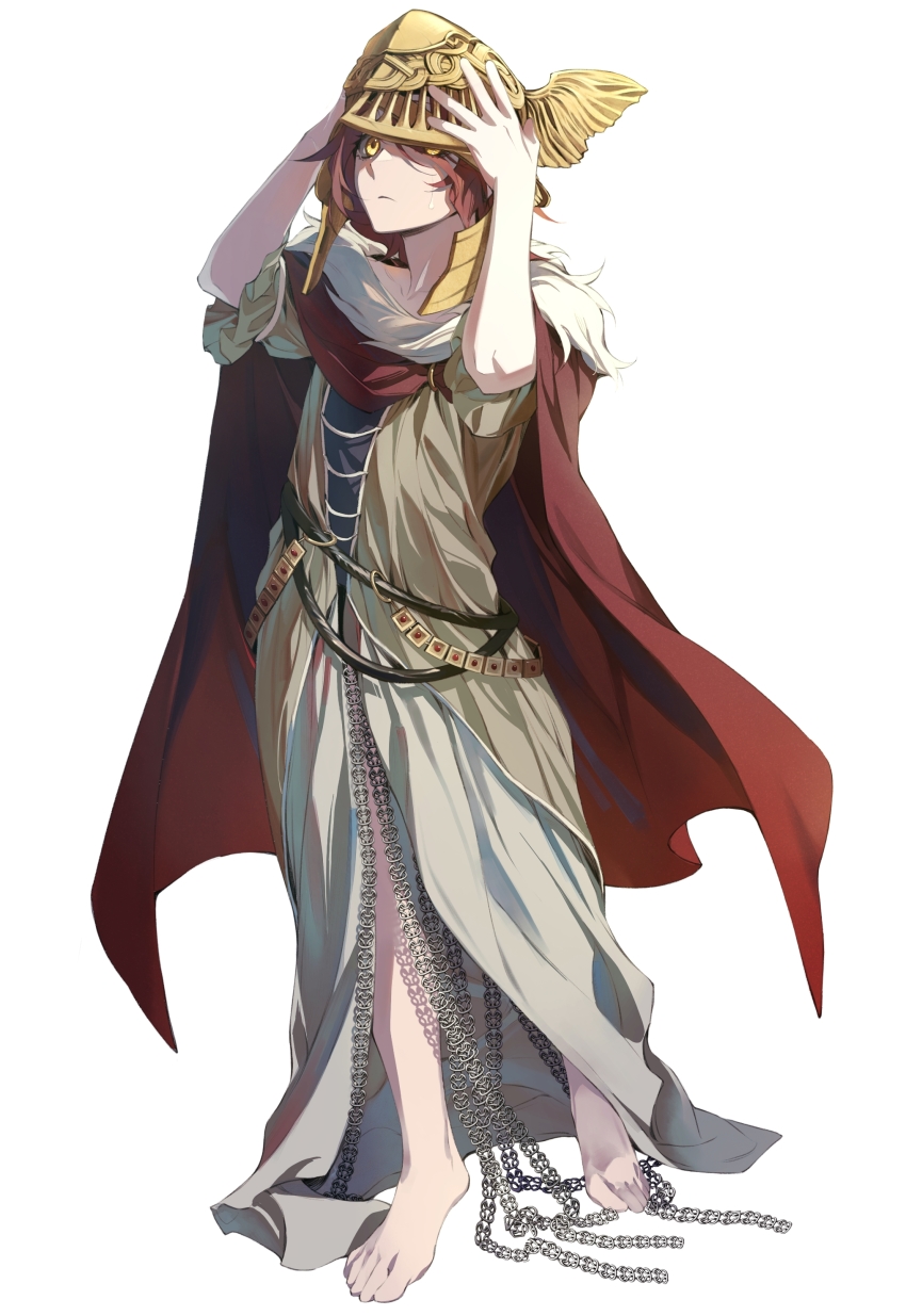 1girl, absurdres, aged_down, armor, barefoot, brown_dress, cape, chainmail, child, chinese_commentary, commentary_request, dress, elden_ring, from_side, full_body, fur-trimmed_cape, fur_trim, hands_up, helmet, highres, holding, holding_unworn_helmet, looking_up, malenia_blade_of_miquella, one_eye_covered, red_cape, red_hair, short_hair, shouzuo, simple_background, solo, standing, sweatdrop, unworn_helmet, white_background, winged_helmet, yellow_eyes