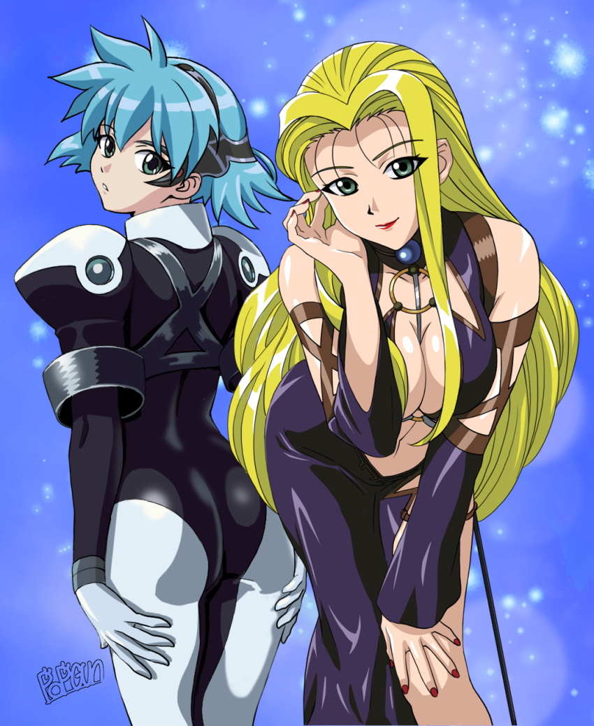 2girls, armor, artist_name, ass, blonde_hair, bodysuit, breasts, cleavage, detached_sleeves, dress, green_eyes, hair_behind_ear, hand_on_own_knee, hands_on_own_legs, head_tilt, highres, jura_basil_elden, large_breasts, leaning_forward, long_hair, long_sleeves, looking_at_viewer, looking_back, meia_gisborn, multiple_girls, nail_polish, parted_hair, parted_lips, pilot_suit, popgun_(22882502), purple_bodysuit, red_lips, red_nails, short_hair, skin_tight, smile, vandread, very_long_hair