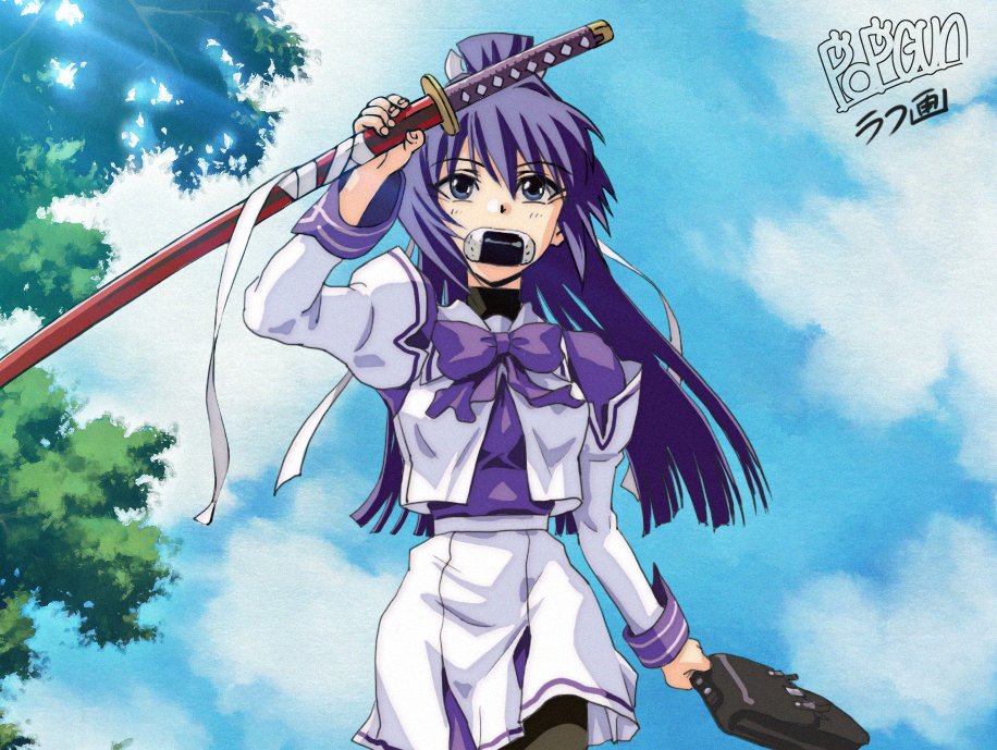 1990s_(style), 1girl, artist_name, bag, blue_eyes, blue_hair, bow, cloud