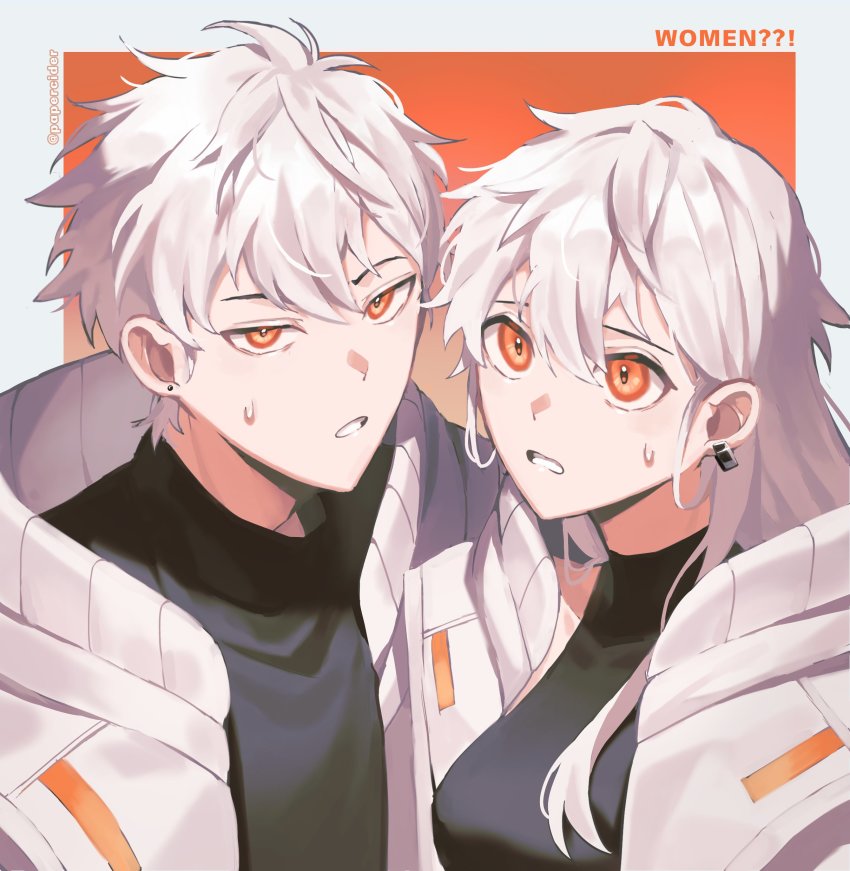 1boy, 1girl, absurdres, black_shirt, breasts, earrings, genderswap, genderswap_(mtf)