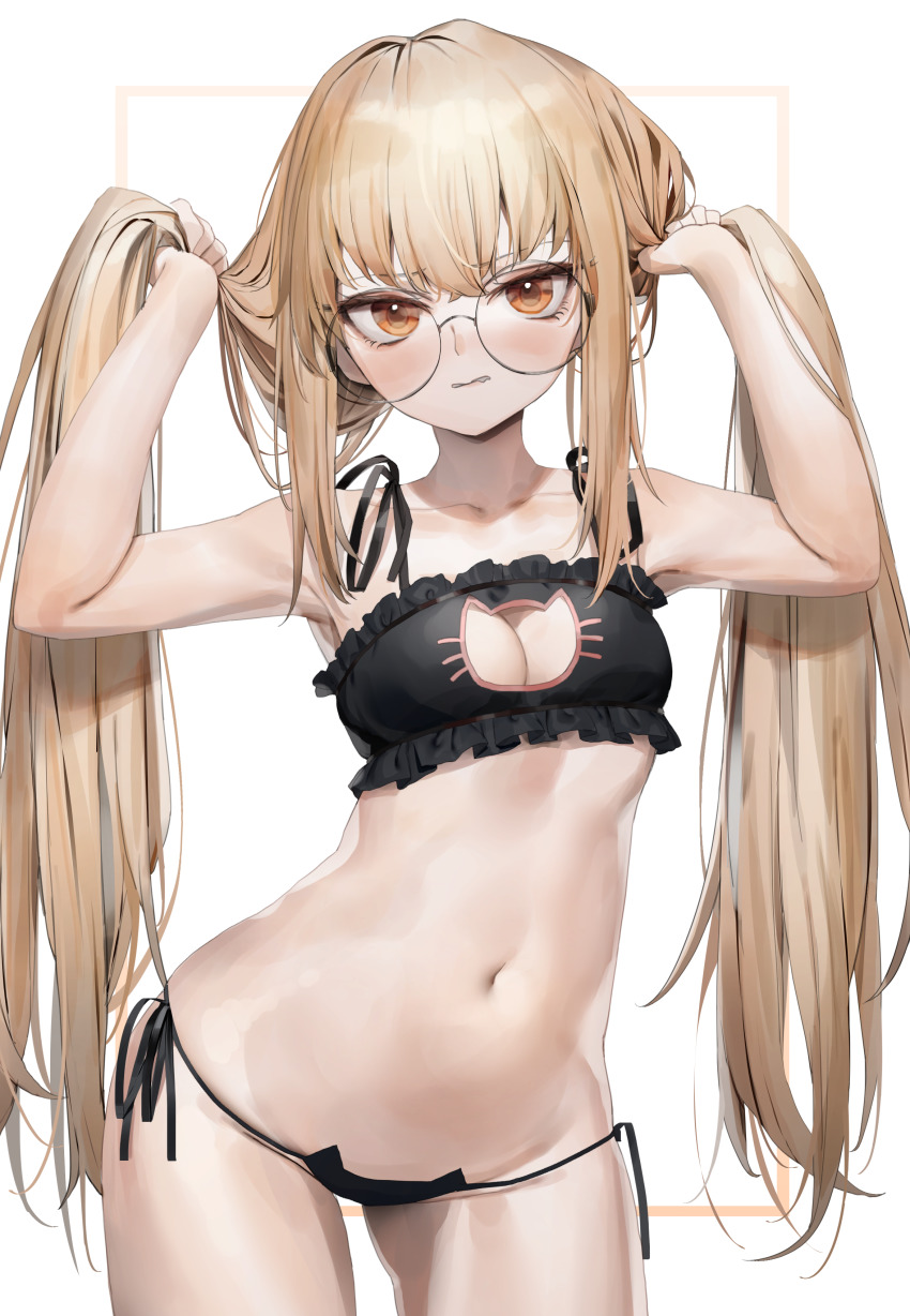 1girl, absurdres, armpits, arms_up, bare_arms, bare_shoulders, black_bra, black_panties