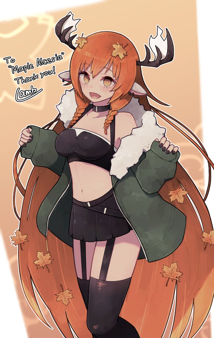 1girl, :d, animal_ears, antlers, black_choker, black_nails, black_thighhighs, breasts, character_name, choker, commission, earrings, fingernails, garter_straps, green_jacket, horns, indie_virtual_youtuber, jacket, jewelry, lamb-oic029, leaf, leaf_on_head, long_hair, long_sleeves, looking_at_viewer, maple_alcesia, maple_leaf, medium_breasts, midriff, miniskirt, nail_polish, navel, open_clothes, open_jacket, open_mouth, orange_hair, pleated_skirt, skeb_commission, skirt, sleeves_past_wrists, smile, solo, thighhighs, very_long_hair, virtual_youtuber, yellow_eyes