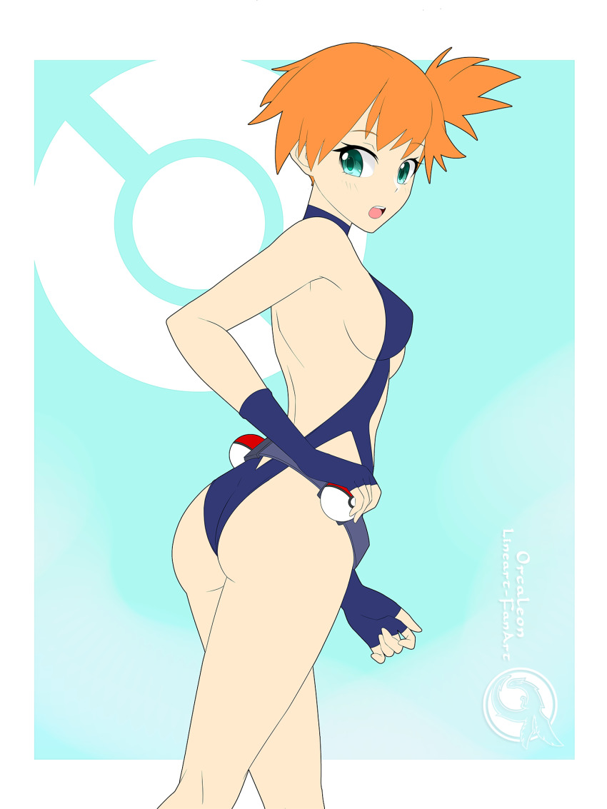 1girl, ass, asymmetrical_hair, belt, blush, breasts, cowboy_shot, curvy