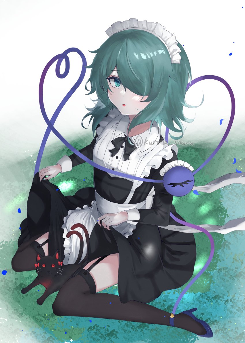 1girl, :3, absurdres, alternate_costume, apron, black_cat, black_thighhighs, cat