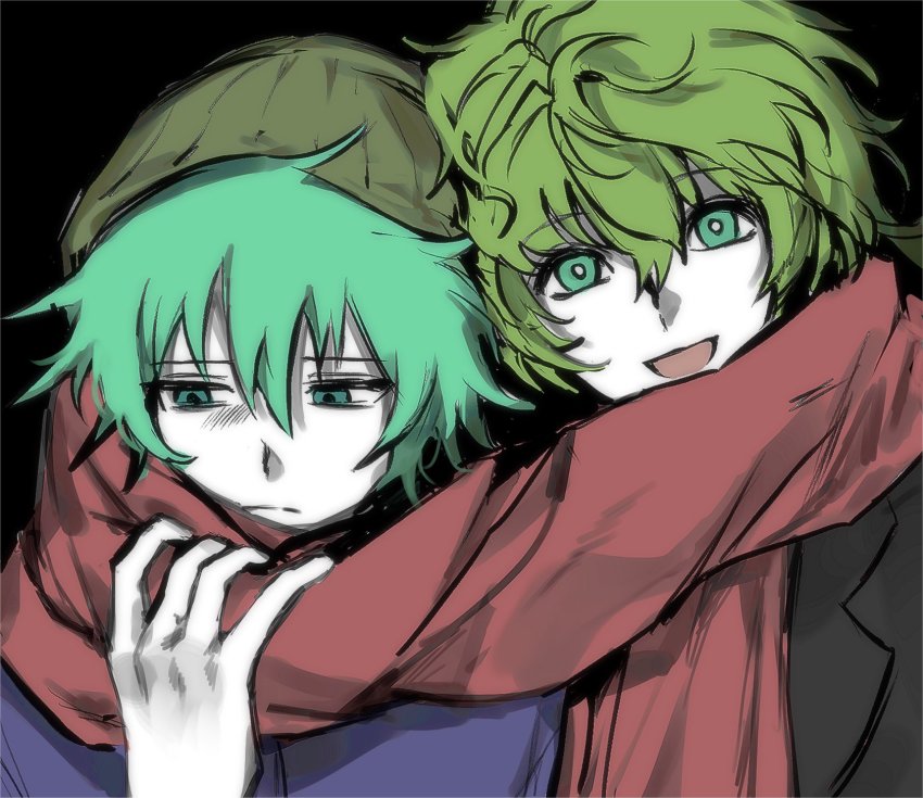 2boys, :d, beanie, black_background, bright_pupils, cherry_(sp_gkdla), closed_mouth, colored_skin