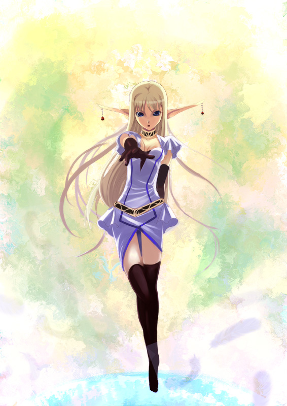 1girl, bad_id, bad_pixiv_id, black_thighhighs, blonde_hair, blue_eyes, earrings, elbow_gloves