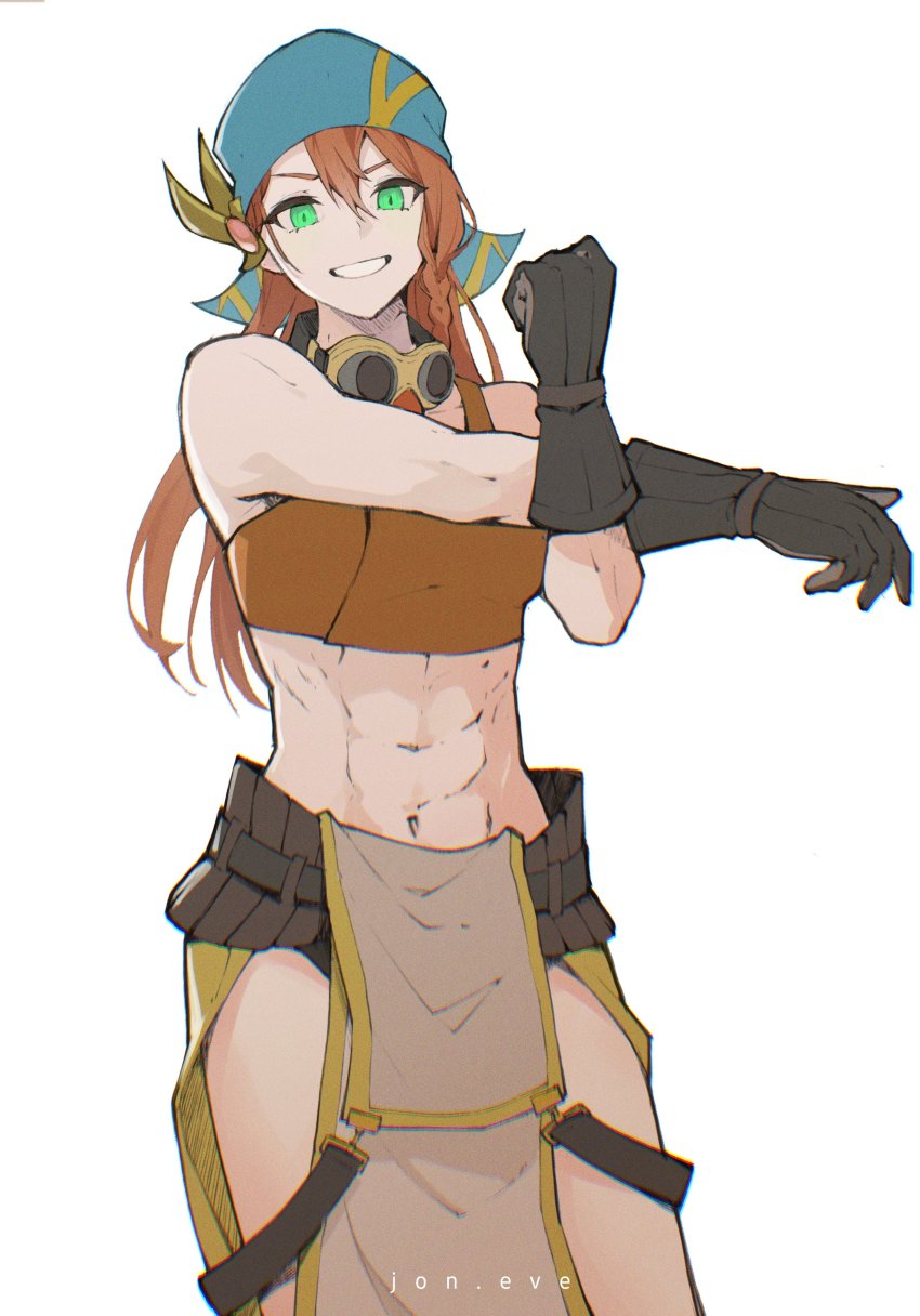 1girl, abs, absurdres, bandana, belt, black_gloves, blacksmith, blue_bandana