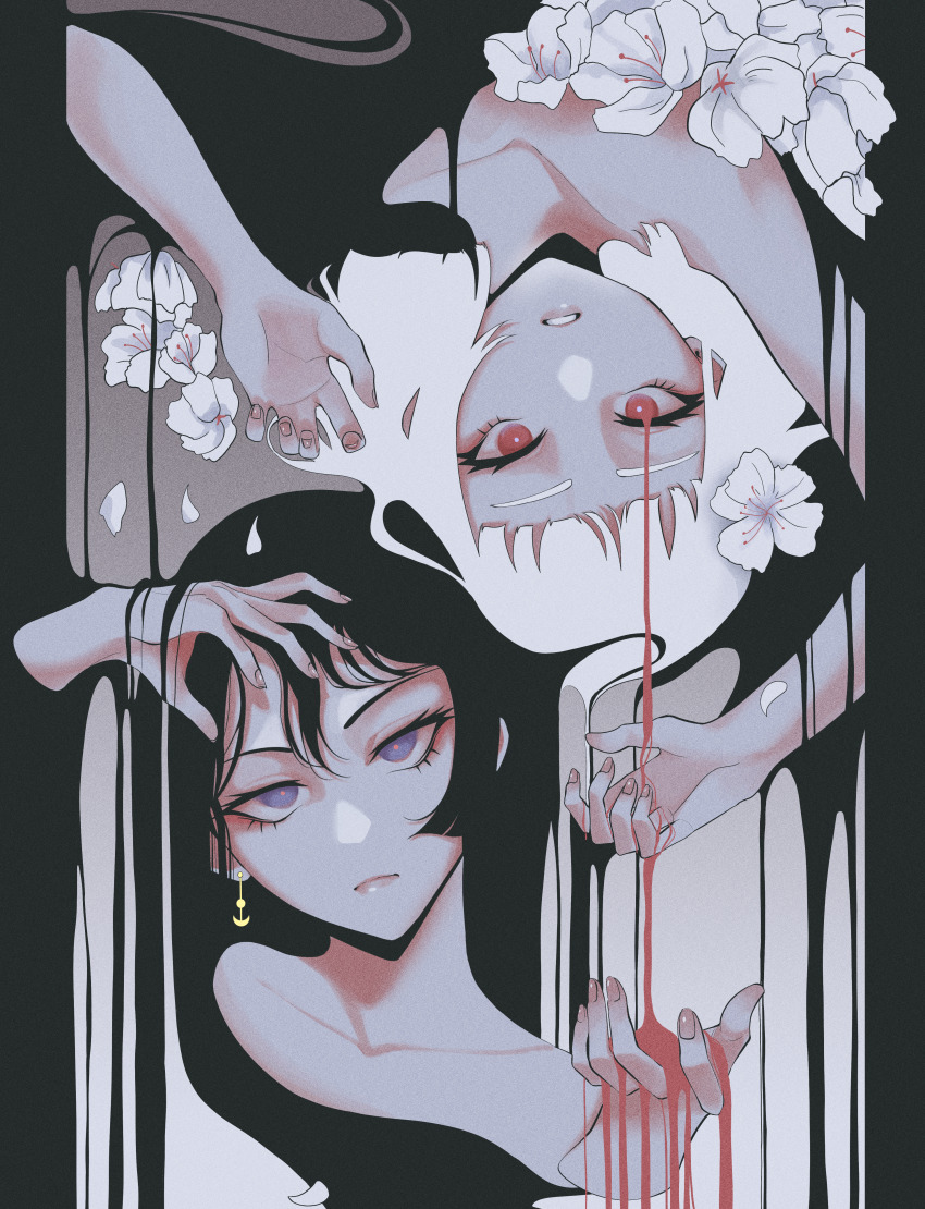 2girls, absurdres, bare_shoulders, black_hair, blue_eyes, blunt_bangs, bright_pupils, dhjs_0010