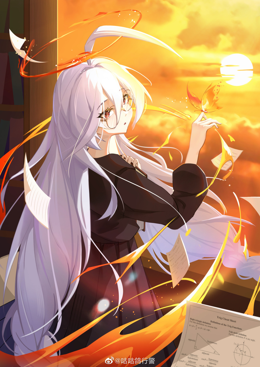 1girl, absurdres, ahoge, alchemy_stars, black_shirt, black_skirt, book, bookshelf