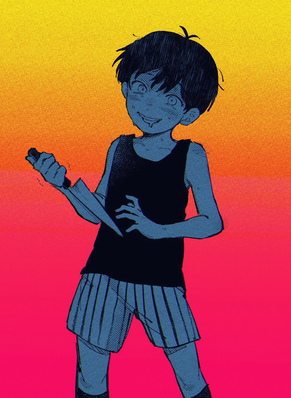 1boy, ahoge, black_hair, black_tank_top, drooling, highres, knife, male_focus, mimo_(omom), mouth_drool, omori, omori_(omori), saliva, short_hair, shorts, sleeveless, striped_clothes, striped_shorts, tank_top, teeth, upper_body