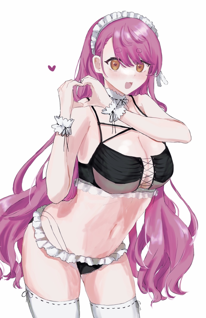 1girl, :3, :d, absurdres, aizono_manami, bikini, breasts, brown_eyes, cleavage, cowboy_shot, frills, heart, heart-shaped_pupils, heart_hands, highres, hikimayu, kohaku_sogo, large_breasts, long_hair, maid, maid_bikini, maid_headdress, navel, nijisanji, open_mouth, pink_hair, ribbon-trimmed_thighhighs, ribbon_trim, simple_background, smile, solo, swimsuit, symbol-shaped_pupils, thick_eyebrows, thighhighs, unconventional_maid, very_long_hair, virtual_youtuber, white_background, white_thighhighs
