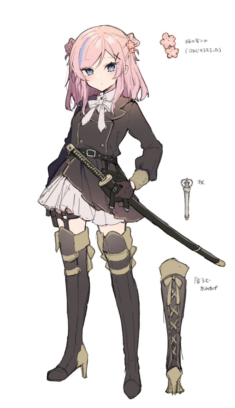 1girl, belt, black_belt, black_gloves, black_jacket, blue_eyes, boots, buttons