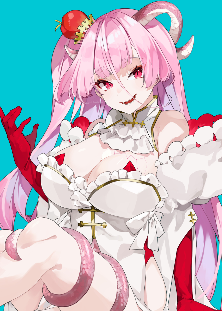 1girl, \||/, absurdres, apple, blue_background, breasts, campanula, commentary_request