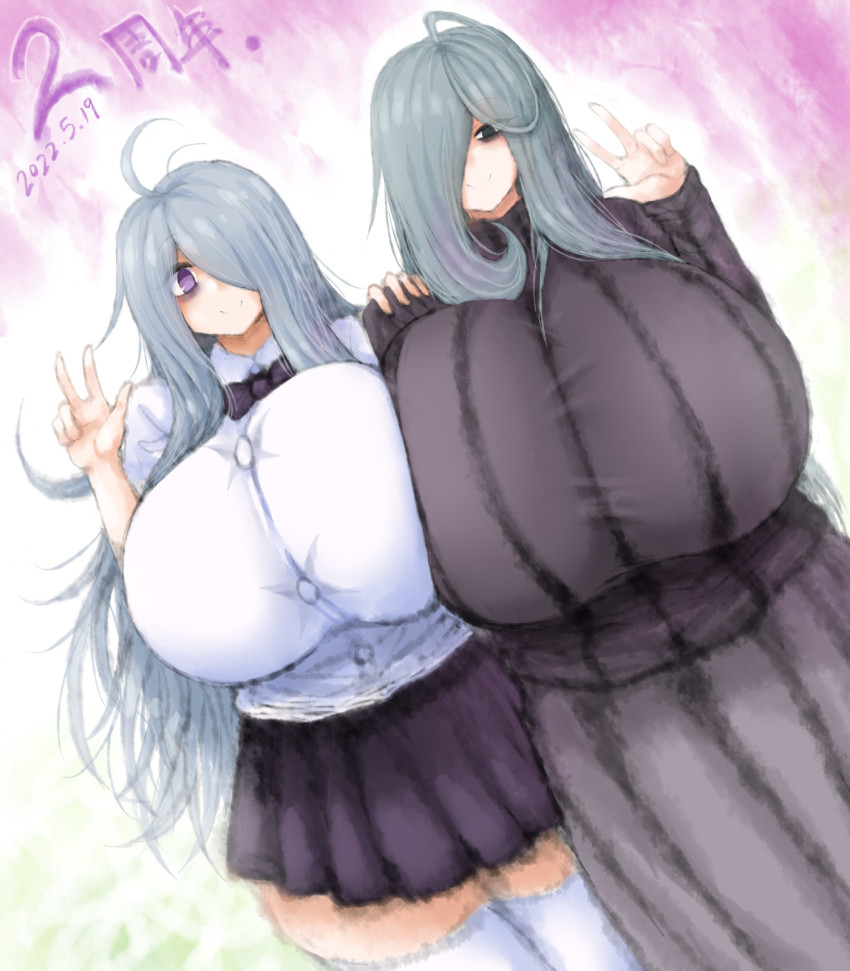 2b-ge, 2girls, black_dress, black_eyes, breast_press, breasts, chinese_commentary, collared_shirt, dated, dress, dutch_angle, gigantic_breasts, grey_hair, hair_over_one_eye, highres, huge_breasts, long_bangs, long_hair, looking_at_viewer, mei's_mom_(2b-ge), mei_(2b-ge), miniskirt, multiple_girls, one_eye_covered, original, purple_eyes, purple_skirt, school_uniform, shirt, skirt, smile, sweater, thighhighs, v, white_shirt, white_thighhighs, zettai_ryouiki