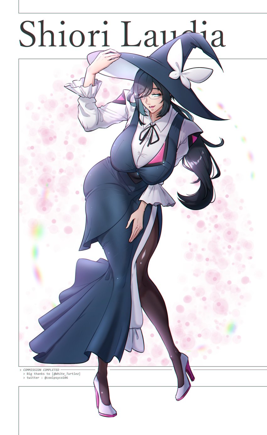 1girl, absurdres, black_hair, black_pantyhose, black_ribbon, blue_dress, blue_eyes, blue_hair, blue_hat, bow, breasts, character_name, collared_shirt, colored_inner_hair, commentary, commission, coolpsyco, dress, english_commentary, gate_ruler, glasses, green_hair, hat, hat_bow, high_heels, highres, large_breasts, leaning_forward, looking_at_viewer, multicolored_hair, neck_ribbon, one_eye_covered, pantyhose, ribbon, shiori_laudia, shirt, solo, twitter_username, white_bow, white_footwear, white_shirt, witch_hat
