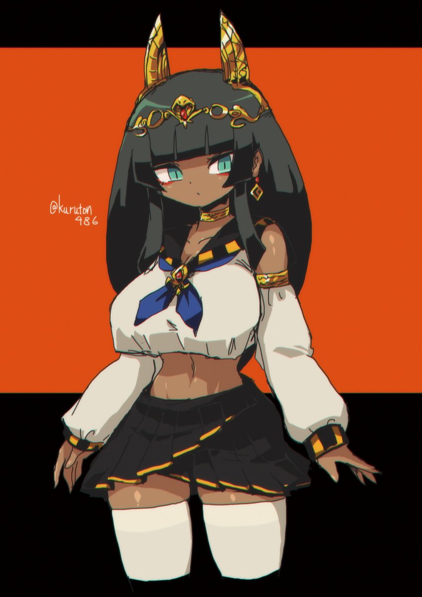 1girl, black_hair, black_skirt, blue_eyes, blunt_bangs, breasts, dark-skinned_female, dark_skin