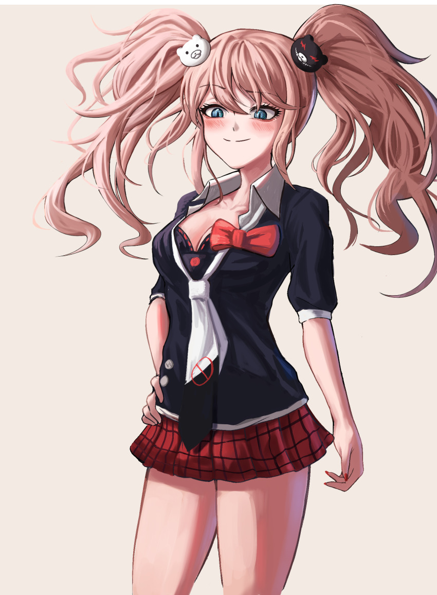 1girl, bear_hair_ornament, black_bra, black_necktie, black_shirt, blush, bow, bra